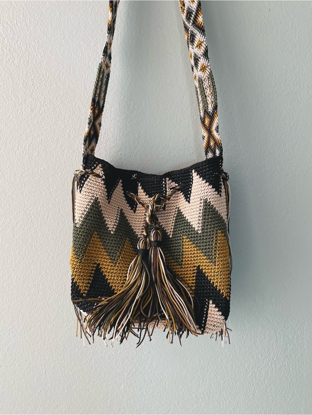 Wayuu | Mochila Woven Drawstring Chevron Earth Tones Crossbody Bag w Tassels